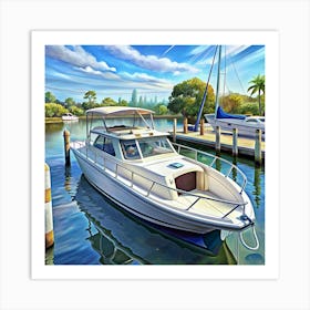 White Boat Docked At A Marina Art Print