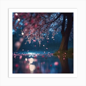 Midnight Moonshine on the Lake with Cherry Blossom Petals Art Print