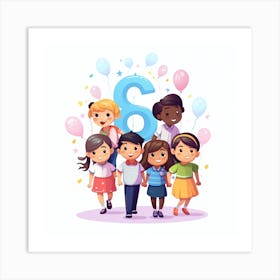 Children With Balloons And Number 6 Art Print