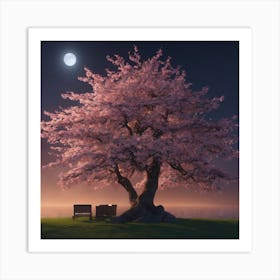 Cherry Blossom Tree At Night Art Print