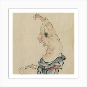 Japanese Arta Man, Bare Chested, Sitting Cross Legged With Arms Raised Over His Head, Stretching Or Practicing Yoga (1830 1850) Art Print