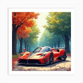 Pagani Zonda F Against A Vibrant, Watercolor Forest Scene Art Print