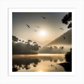 Lake, Mountain, Forest, Sun, Birds 2 Art Print