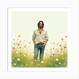 Keanu Reeves In A Peaceful Watercolor Meadow With Soft Wildflowers 1 Art Print