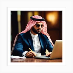 Arab Businessman Working On Laptop Art Print