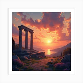 Dreamlike Watercolor Sunset Over Ancient Ruins 1 Art Print