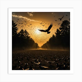 A Sea of Birds in the Sky, Their Shadows Cast by the Low Sun Across the Ground Below Art Print