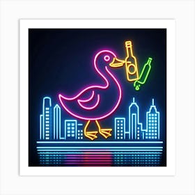 Neon Duck With Bottle Art Print