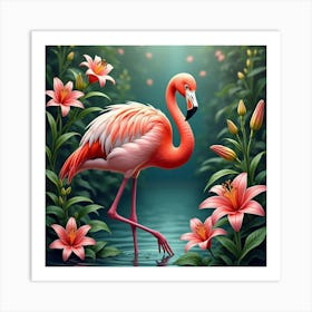 Flamingo With Garden Of Lilies 1 Art Print