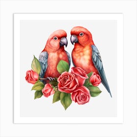 Parrots And Roses 4 Art Print