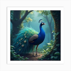 A Vibrant Peacock With A Glowing, Iridescent Tail In A Mystical Forest Art Print