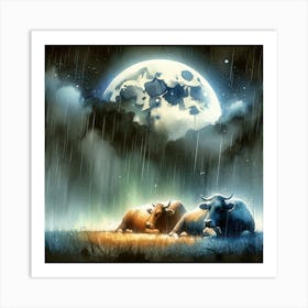 Cows Under The Moon 1 Art Print