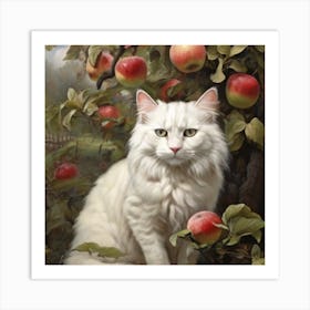 White Cat In Apple Orchard Art Print