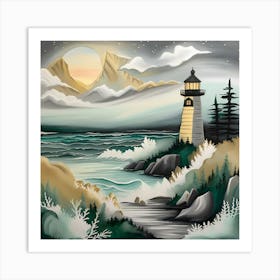 Lighthouse At Night Landscape 10 Art Print