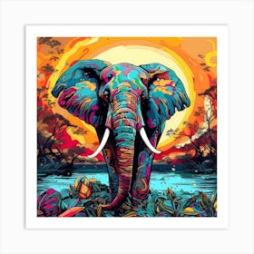 Elephant In The Sunset 7 Art Print