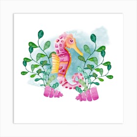 Watercolor Pink Seahorse Square Art Print