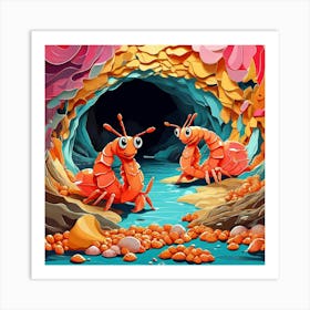 Cartoon Crabs In The Cave 1 Art Print