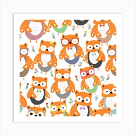 Cute Colorful Owl Cartoon Seamless Pattern Art Print