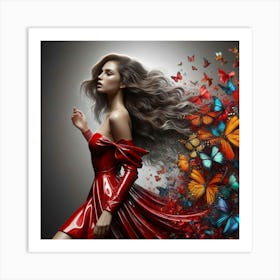 Beautiful Woman In Red Dress With Butterflies Art Print
