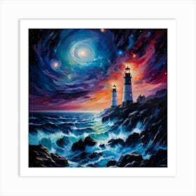 Lighthouses Engulfed In Darkness Against A Swirling Cosmic Ocean Reflecting The Hues Of Venus Nebul Art Print