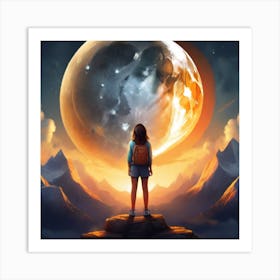 Girl Looking At The Moon Art Print