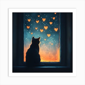 Dreamy Night Sky with Heart Stars Cat 10 Art Print