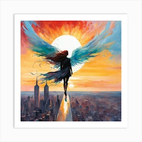 An Angel Flying In The Sky Over A City Against The Setting Sun Masterpiece Vibrant Colors Sharp 899955904 Art Print