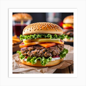 Hamburgers On A Wooden Table Art Print