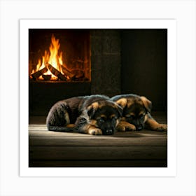 German Shepherd Puppies In Front Of Fireplace Poster