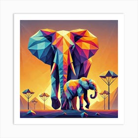 Low Poly Elephants At Sunset Art Print