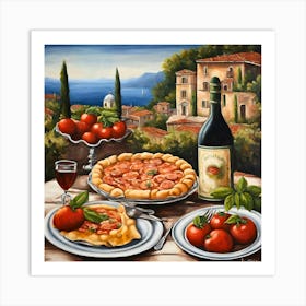 Tuscany- A Mediterranean feast is laid out with a pizza, glass of red wine, a bottle, and fresh tomatoes Art Print