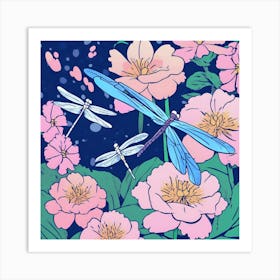 Dragonfly And Flowers Art Print