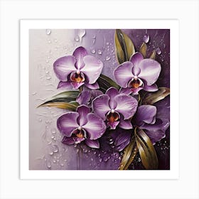 Purple orchid flower on tropical leaves in dew drops Art Print