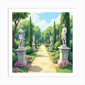 Watercolor Enchanted Garden With Majestic Statues 1 Art Print