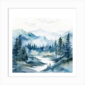 Watercolor Landscape With Trees And River Art Print