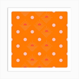 Geometric Pattern With Pink Sunshine On Bright Orange Square Art Print