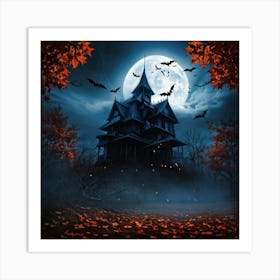 A Fiercely Blazing Haunted House Banner Devilishly Shadowed And Skittish Across The Eerie Pattern O (3) Art Print