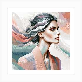 "Whispers of Elegance" - This artwork is a mesmerizing portrayal of modern femininity, featuring a woman's profile in a tapestry of pastel waves that flow like silk. Her hair and attire blend seamlessly into a sea of soft textures and subtle patterns, evoking a serene yet dynamic presence. The piece's soothing color palette and intricate linework reflect a sophisticated synthesis of realism and abstract art. It's an ideal choice for those who appreciate the grace of contemporary design and the delicate balance between detail and abstraction. "Whispers of Elegance" is a testament to the quiet power of beauty, inviting contemplation and adoration in any space it adorns. Art Print