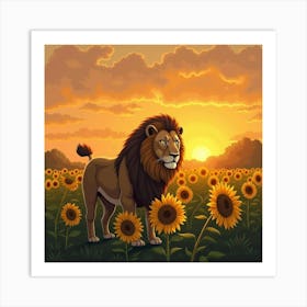 Lion In Sunflower Field Sunset 1 Art Print