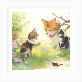 Little Cat Playing With A Dog In The Gard Art Print