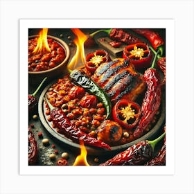 A Close Up Of Fiery Chili Infused Dishes, Featurin Art Print