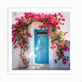 Blue Door With Pink Roses Art Print