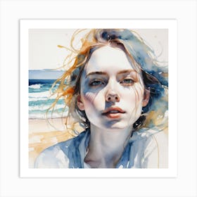 Watercolor Of A Woman On The Beach Art Print