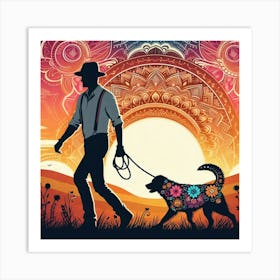 Boho art Silhouette of man with dog 1 Art Print