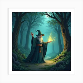 A Wizard Casting A Spell In A Glowing Enchanted Forest Clearing 1 Art Print