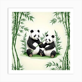 Panda Bear Among Bamboos, White, Black and Green Art Print