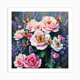 Roses And Butterflies 11 Art Print