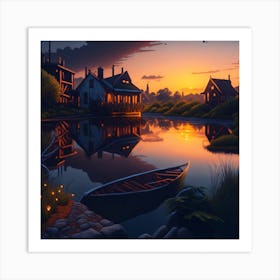 Default Sunset Over A Village Pond Realistic And Natural De 0 E5465110 E0fa 46ed Be86 992500b990ff 1 Art Print