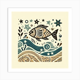 Stylized Fish in a Vibrant Ocean Scene Art Print