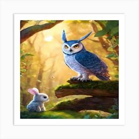 Owl And Rabbit In The Forest Art Print